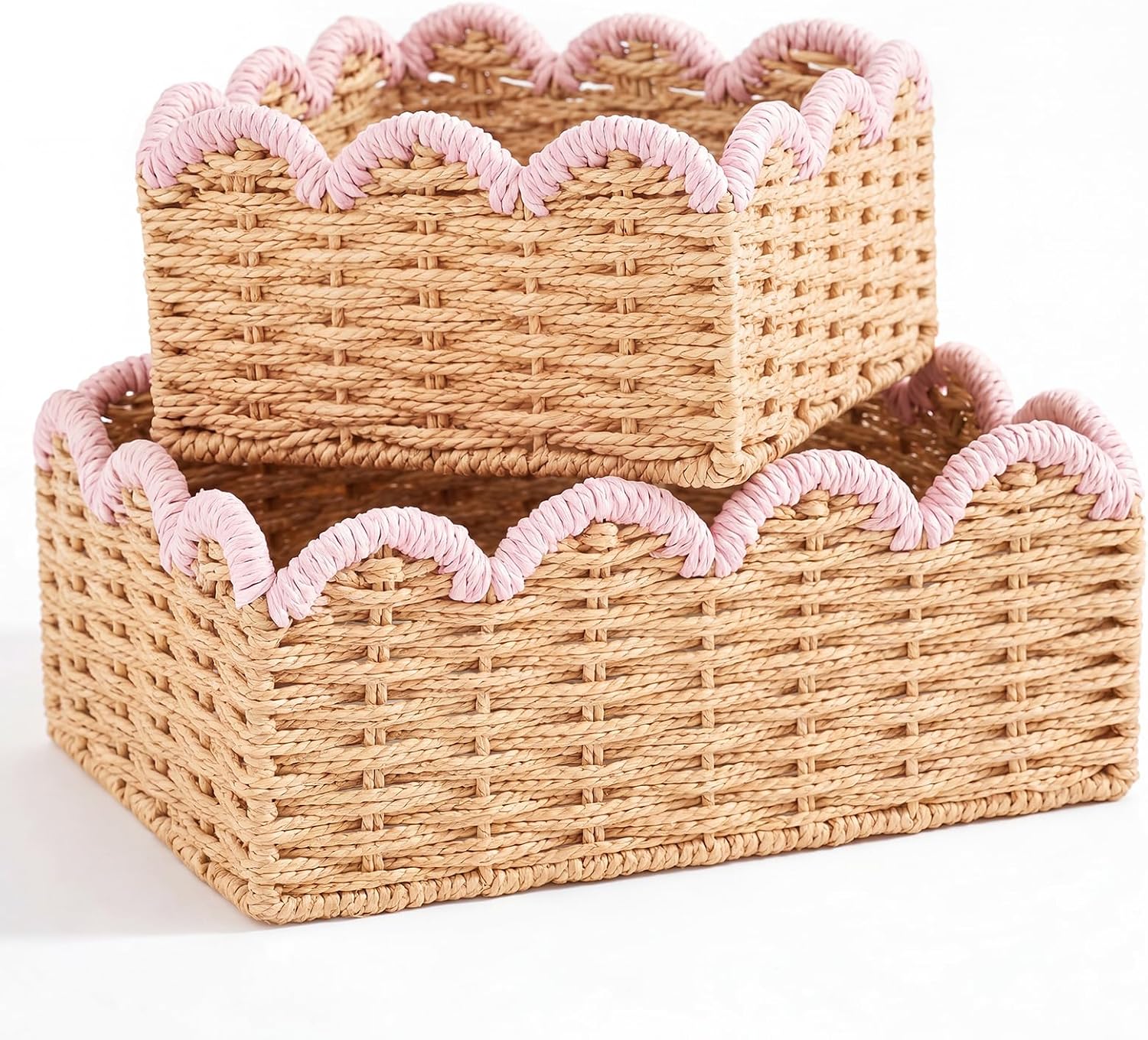 2 Pack Pink Scalloped Wicker Baskets Hand-woven Storage Scalloped Basket Bins Paper Rope for Organizing and Decor for Nursery Living Room Bedroom Laundry
