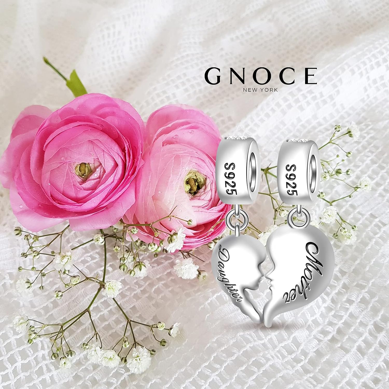 GNOCE [2 Pack Mother and Daughter Charms for Bracelet/Necklace 925 Sterling Silver Mom Love Heart Dangle Charms for Women Mom Mother's Day Gift