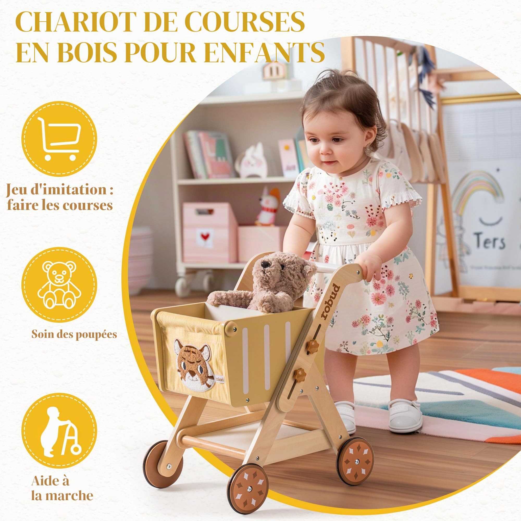 ROBUD Poussette en Bois pour bébés - Chariot de Courses pour Filles et garçons, Hauteur réglable pour Enfants et Tout-Petits, Jouets d'apprentissage pour Enfants de 10 Mois à 1 an