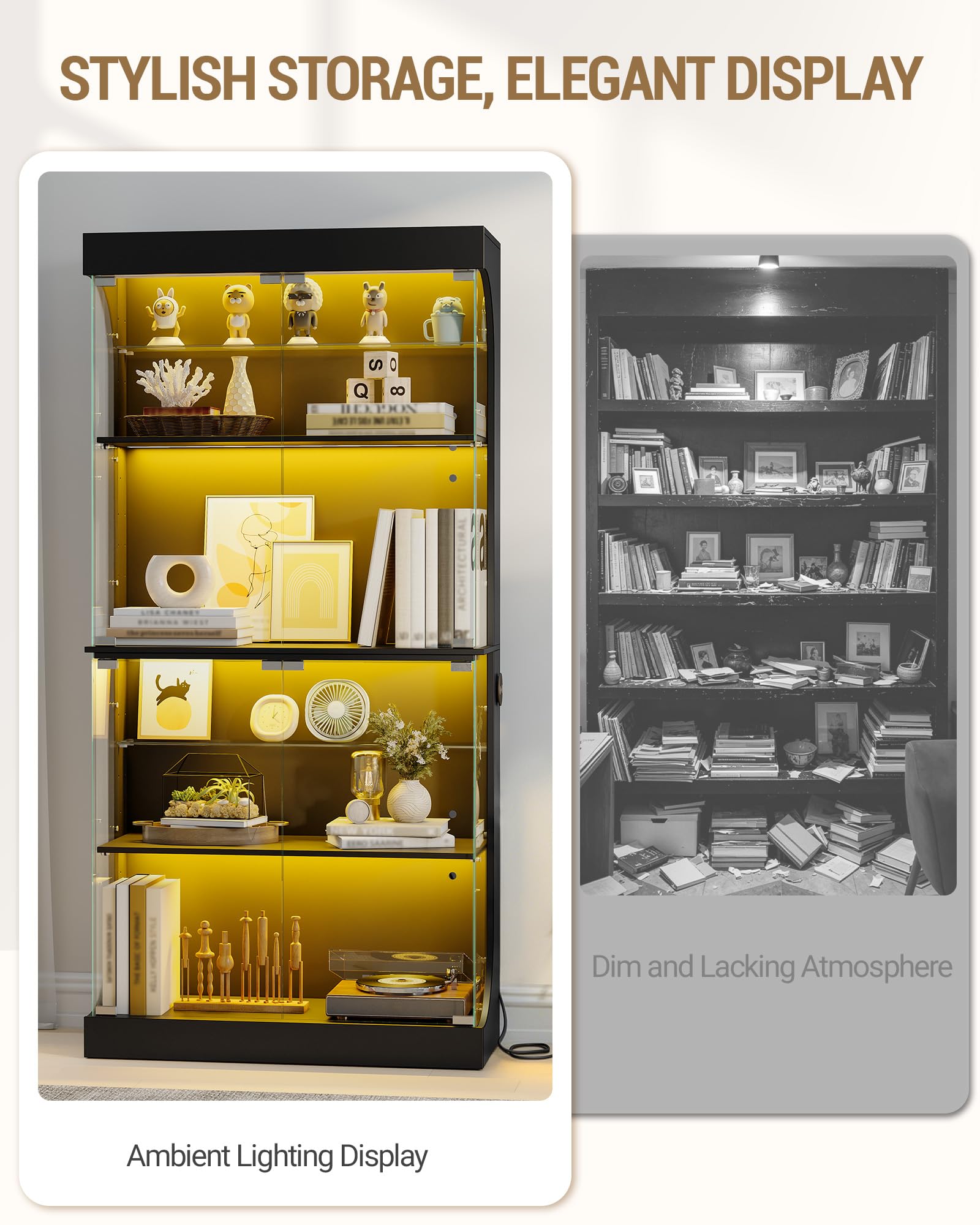 Hzuaneri Vitrine, Glastvitrine mit Intelligente Sensorik, Vitrinenschrank mit RGB-Leuchten, mit 6 Regalen, für Büro, Wohnzimmer, Schwarz, 35 x 80 x 165 cm, DC00206XEU