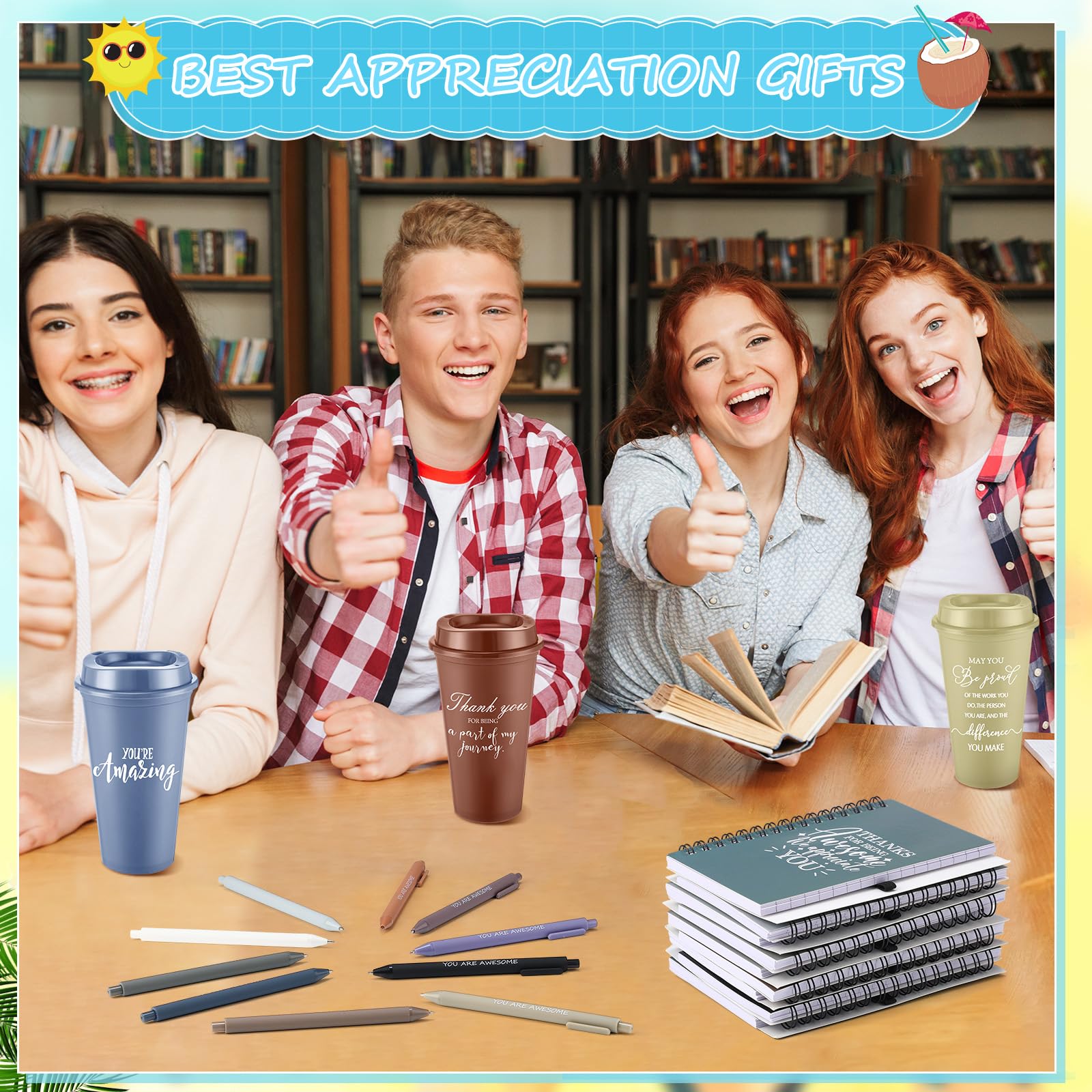 Teenyyou Set regalo da 90 pezzi con bicchiere da 470 ml con coperchio e penna per taccuino, regalo di ringraziamento, per feste, per colleghi d'ufficio, insegnanti, staff (colore scuro, stile delicato