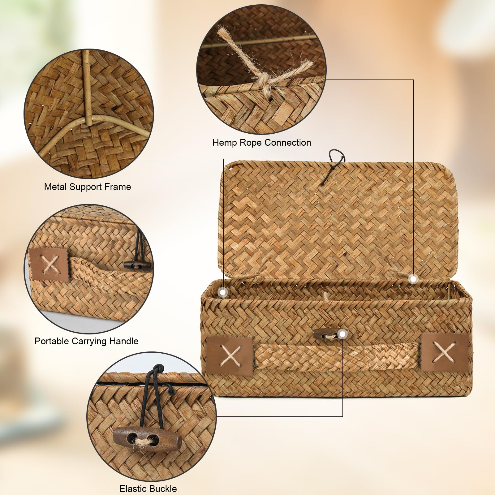 Set van 3 rieten opbergmanden met deksels, natuurlijke rotan geweven rechthoekige organizerbox, zeegras wasmanden make-up organizer voor slaapkamerkast, woonkamer, huishouden