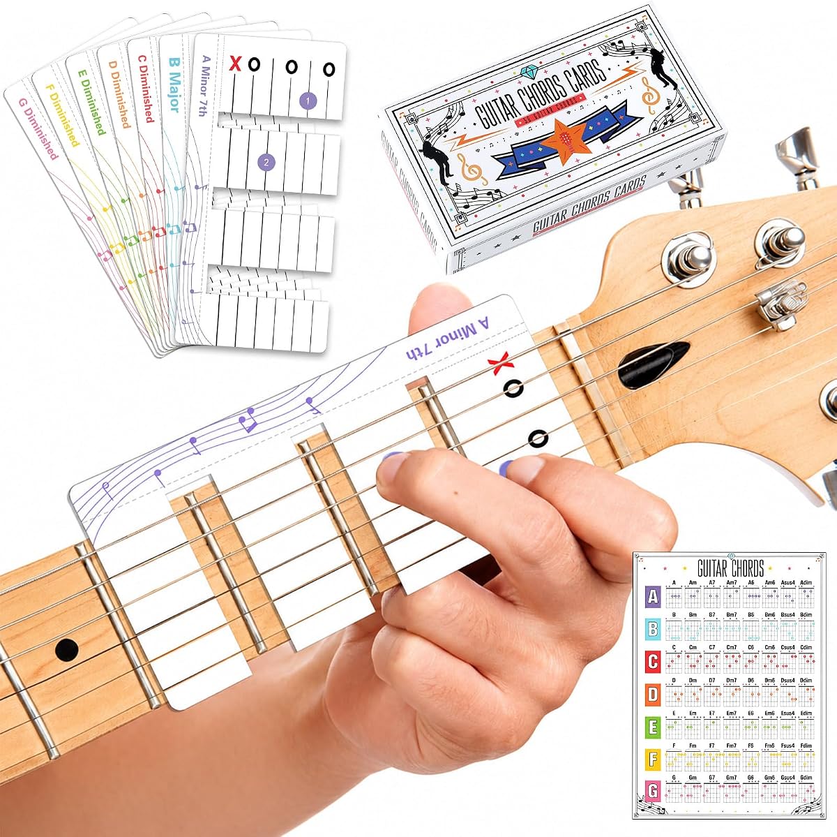 56 piezas de gráficos de acordes de guitarra, tarjetas de entrenamiento de guitarra para diapasón principiante, ayuda para el aprendizaje de guitarras, tarjeta flash, diagrama de acordes, herramienta de enseñanza de música para estudiantes eléctricos acústicos, regalo para amantes de la música (blanco)