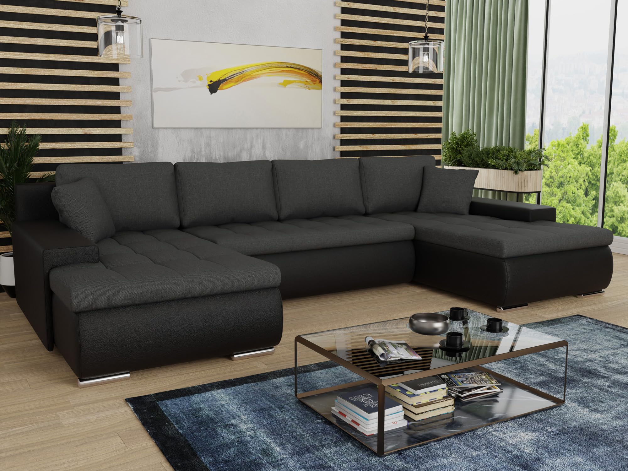 Sofnet Wohnlandschaft mit Schlaffunktion Faris U-Form - Couch, Schlafsofa mit Bettkasten, Couchgranitur mit Bettfunktion, Big Sofa, Bettsofa (Schwarz + Graphit (Madryt 1100 + Inari 94))