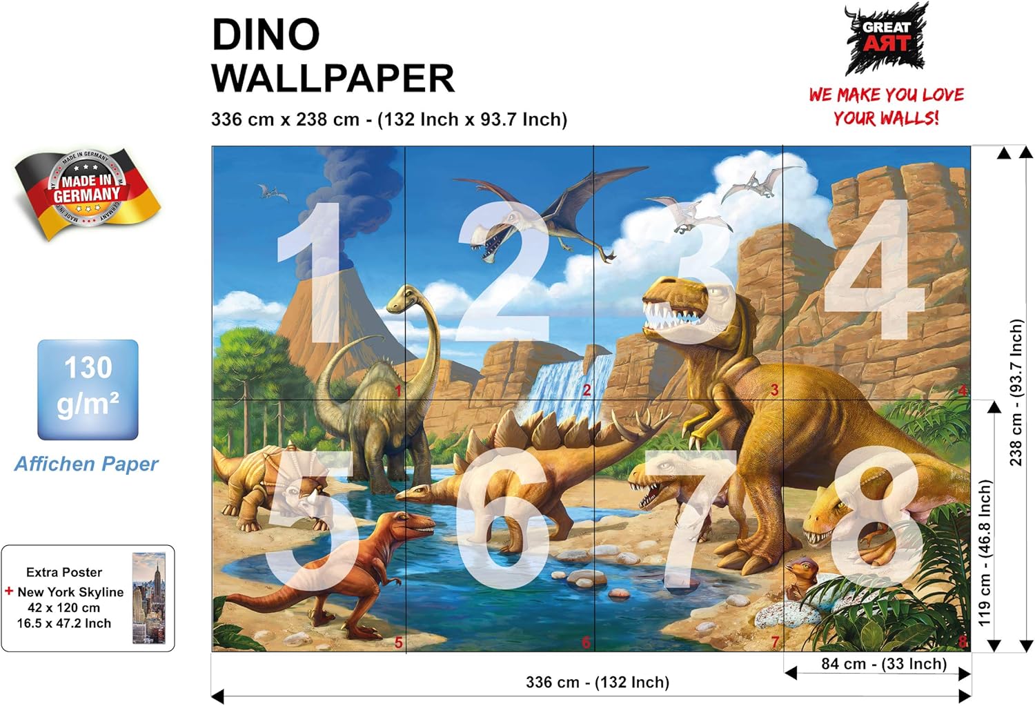 Featured Product Kid’s Room Nursery Large Photo Wallpaper – Dinosaur Adventure – Picture Decoration Dino World Comic Style Volcano Waterfall Image Decor Wall Mural (132.3x93.7in - 336x238cm)