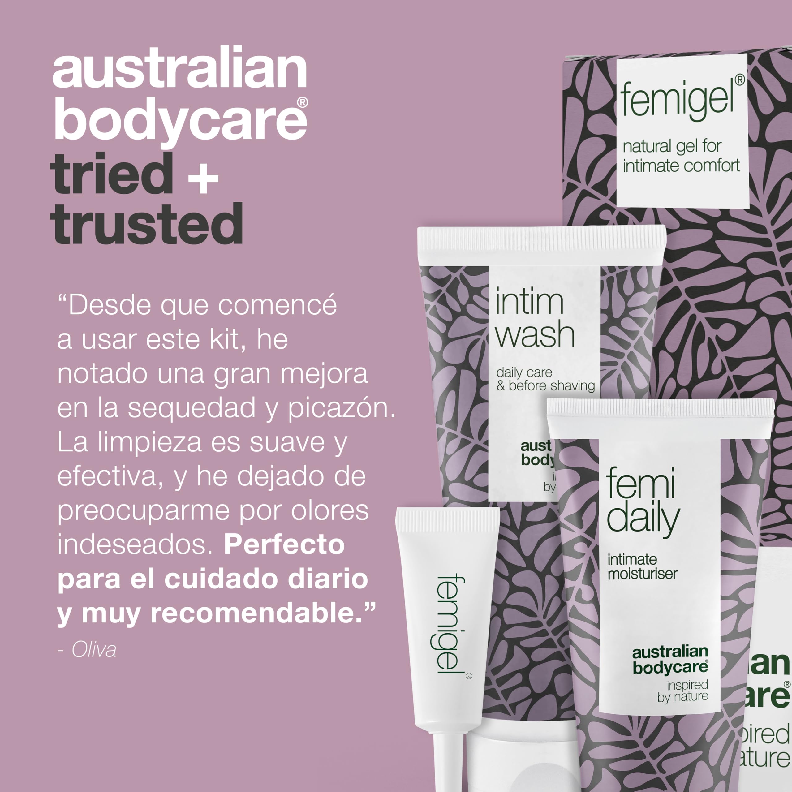 KIT de tratamiento íntimo: 3 productos para el cuidado íntimo | Reduce la sequedad, picazón y enrojecimiento | Contiene: Intim Wash 200 ml + Femi Daily 100 ml + Femigel 5x5 ml | Australian Bodycare