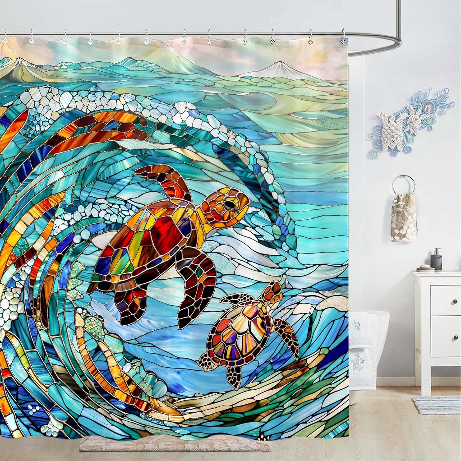 Turtle Shower Curtain Stained Glass Shower Curtain Blue Shower Curtains for Bathroom Wave Shower Curtain Set with 12 Hooks SeaTurtles-02 72×72 Inches