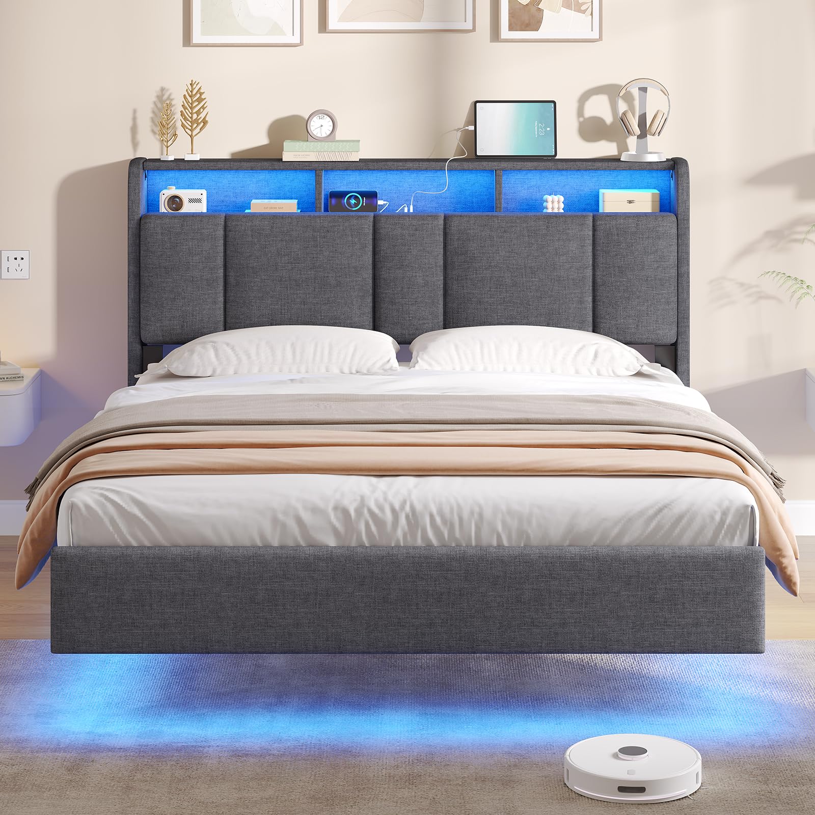 AOGLLATI Double Floating Bed Frame 135x190cm with Adjustable LED Lighting and Multi-port Charging Station, 4ft6 Double Bed Frame with Upholstered Headboard Storage, Noise Free, Dark Grey (No Mattress)