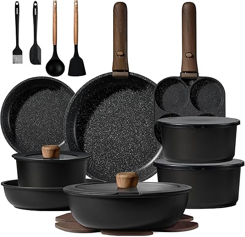 CAROTE Juego de 25 ollas y sartenes antiadherentes, juego de utensilios de cocina, apto para horno, lavavajillas, nevera, juego de ollas que ahorran