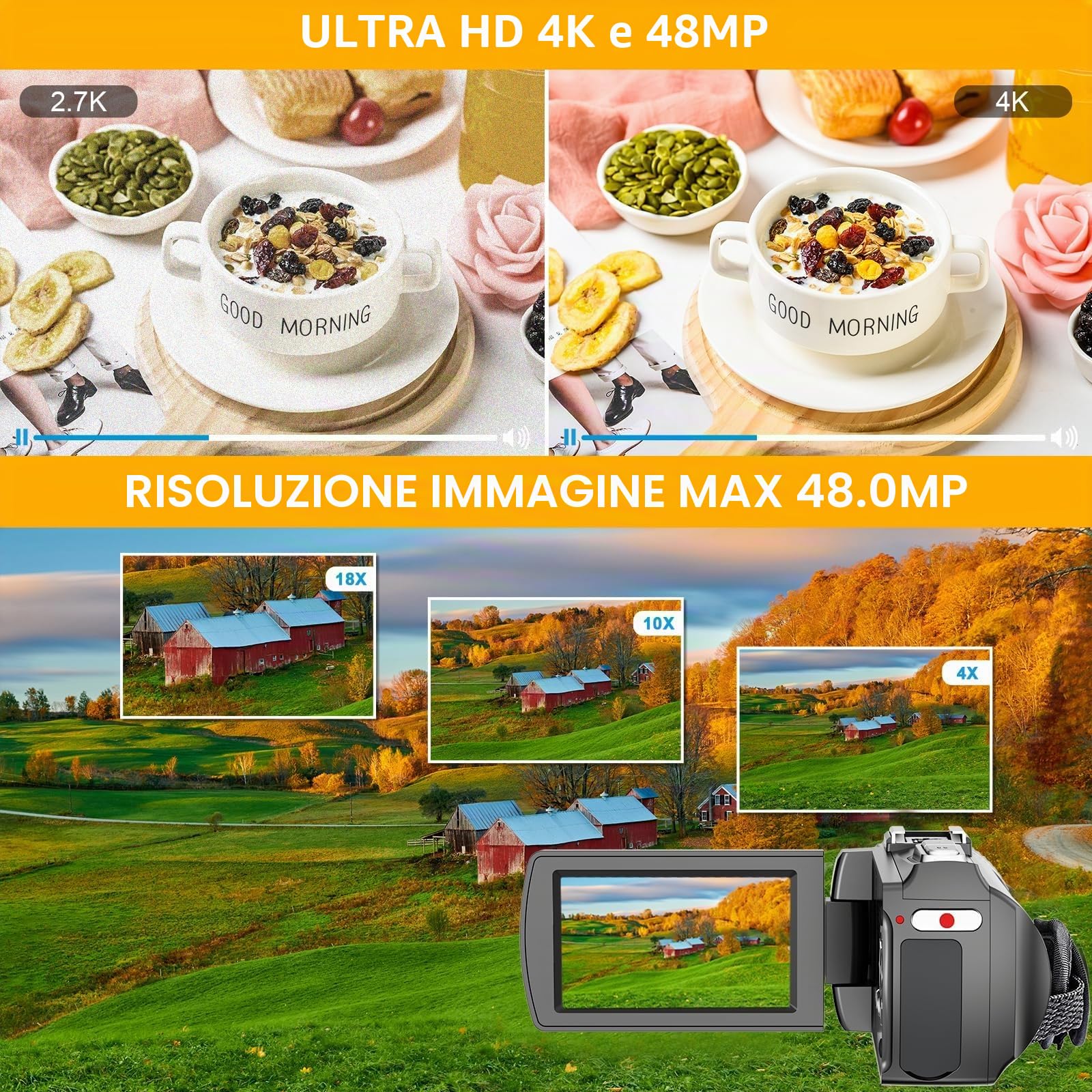Videocamera 4K, videocamera 48 MP 30 FPS per YouTube, registratore video vlogging FHD1080P con telecomando, zoom digitale 18X, videocamera con schermo IPS ruotabile a 270° e 2 batterie