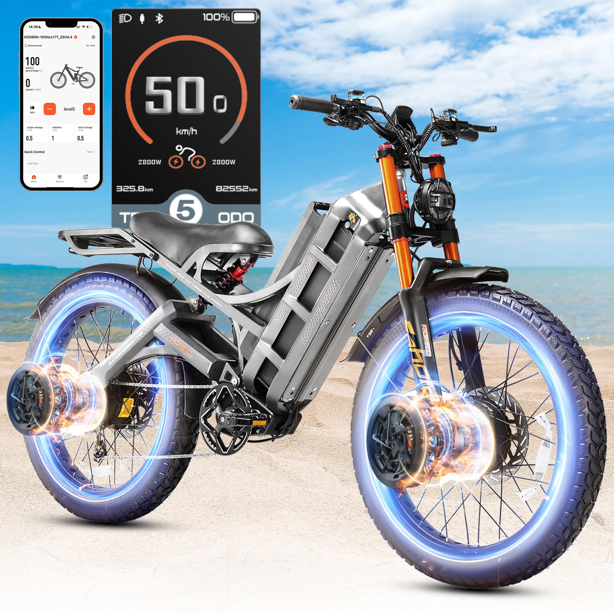 eAhora 2025 Romeo Pro 2/Pro 3 46-50Mph Electric Bike for Adults, 4000W/5600W Dual Motor Ebike, 52V 70Ah/60V 80Ah 200+Miles Long Range E Bike, 26 * 4.0" Fat Tire, Full Suspension, All Terrain, UL2849