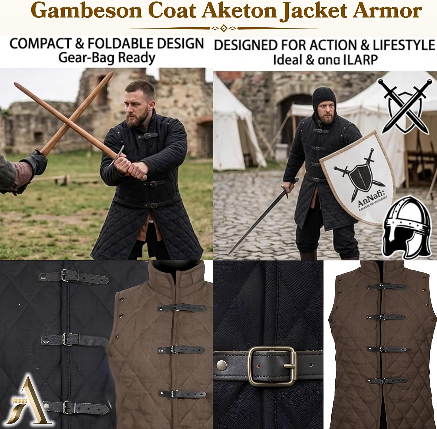 AnNafi Gambeson Coat Aketon Jacket Armor, Costumes Dress SCA Medieval Thick Padded Full Length