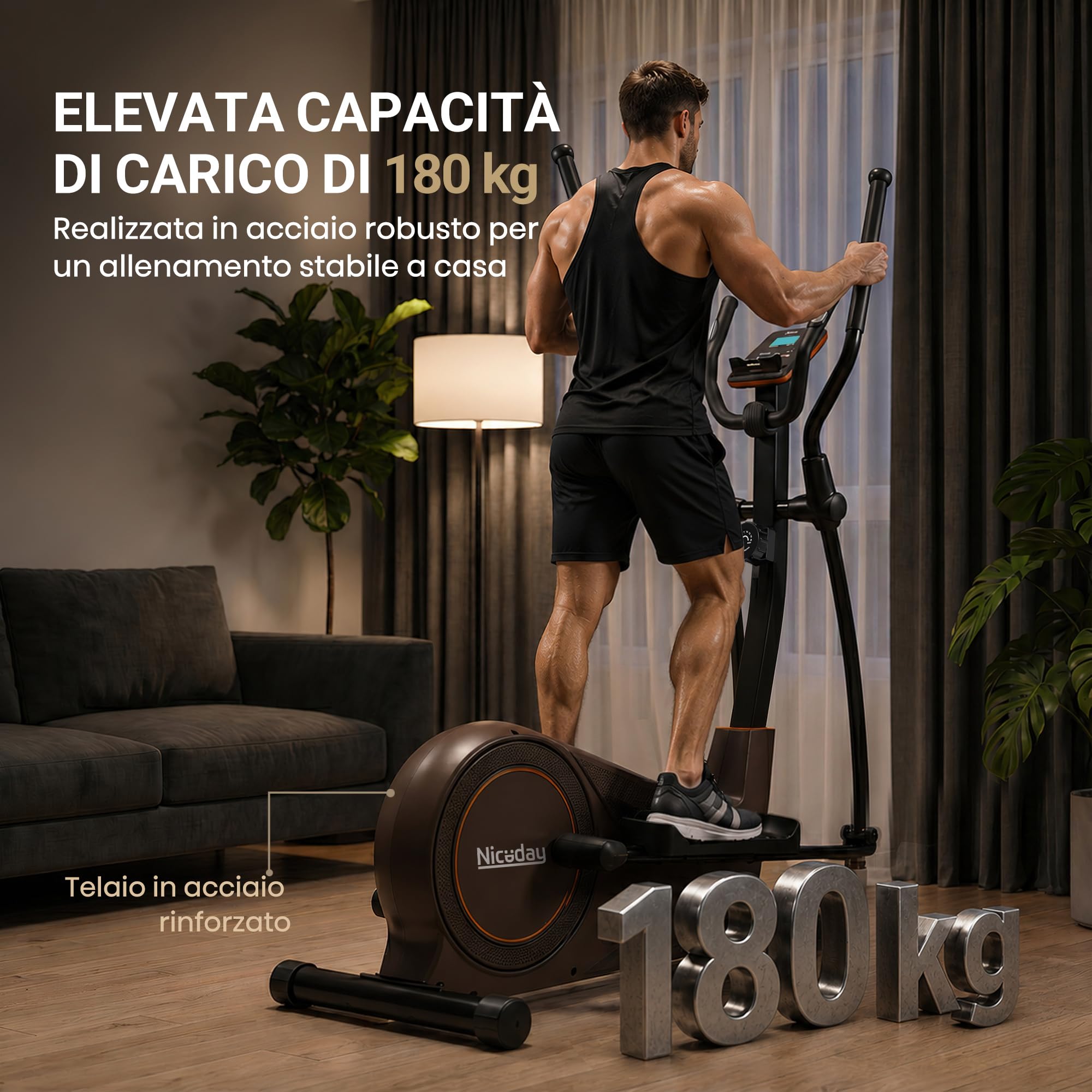 Niceday Ellittica Magnetica per Casa | 16 livelli magnetici e volano da 8 kg per un cardio fluido e a basso impatto, ideale per appartamenti e famiglie.