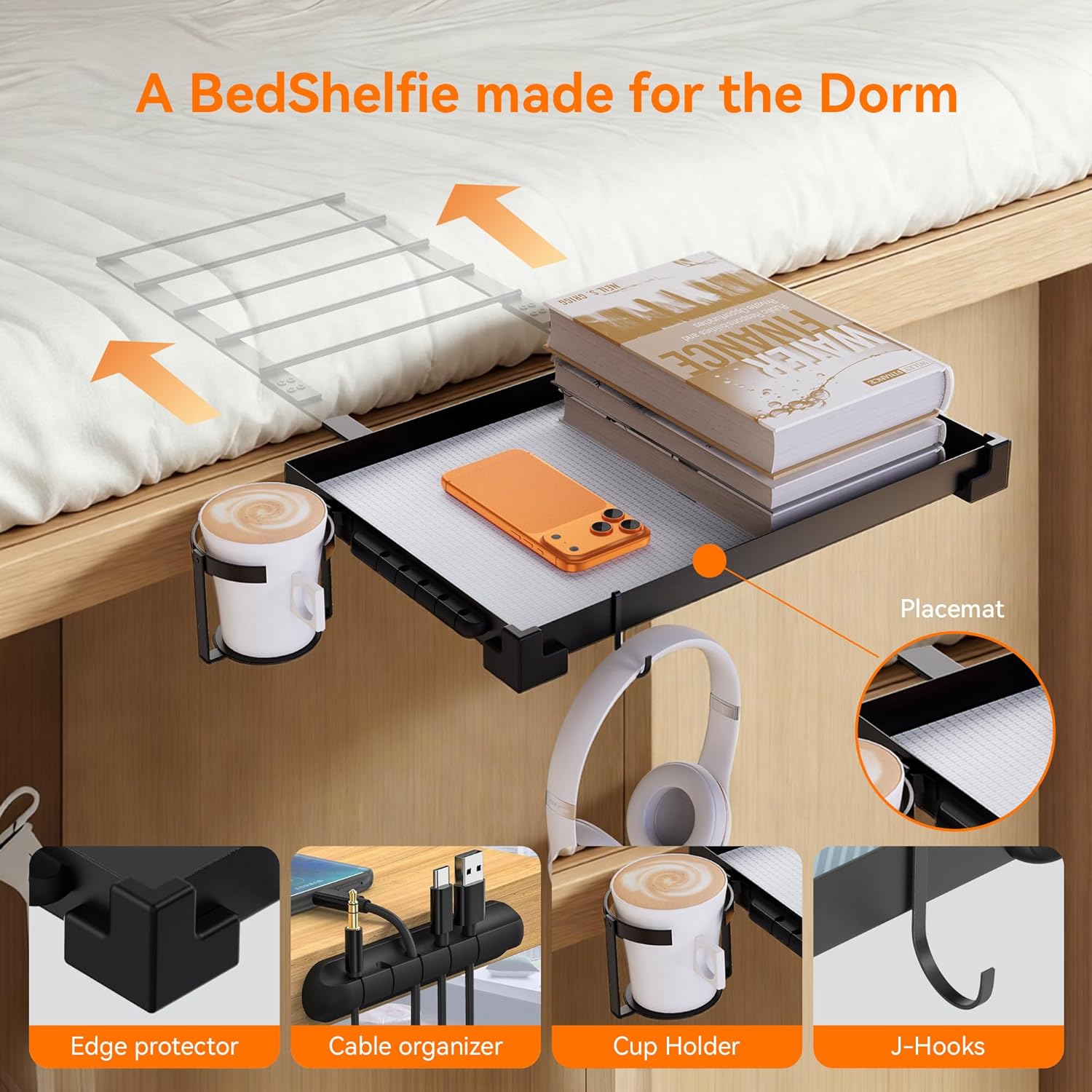 2 Pack Bed Shelf, Insert Type Floating Nightstand for Bedside, Headboard, Dorm, Loft Bed, with Cable Management Slots and Anti-Collision Corner Protectors, Black