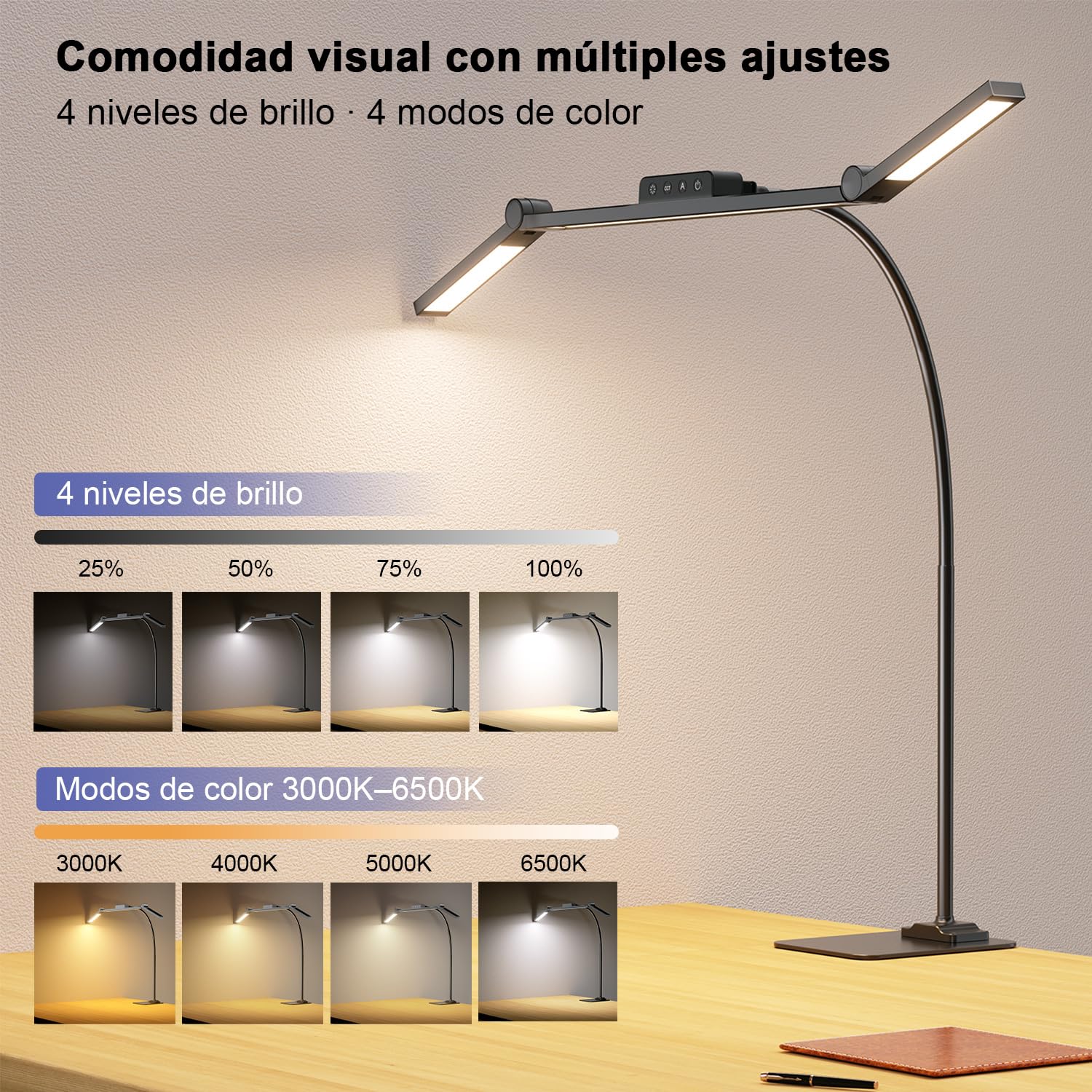 KableRika Lámpara Escritorio LED, 24W Flexo Escritorio con Base, Luz de Arquitecto Regulable, luz monitor con Temporizador, 1500 lúmenes para Leer, Estudiar y Oficina en el Hogar