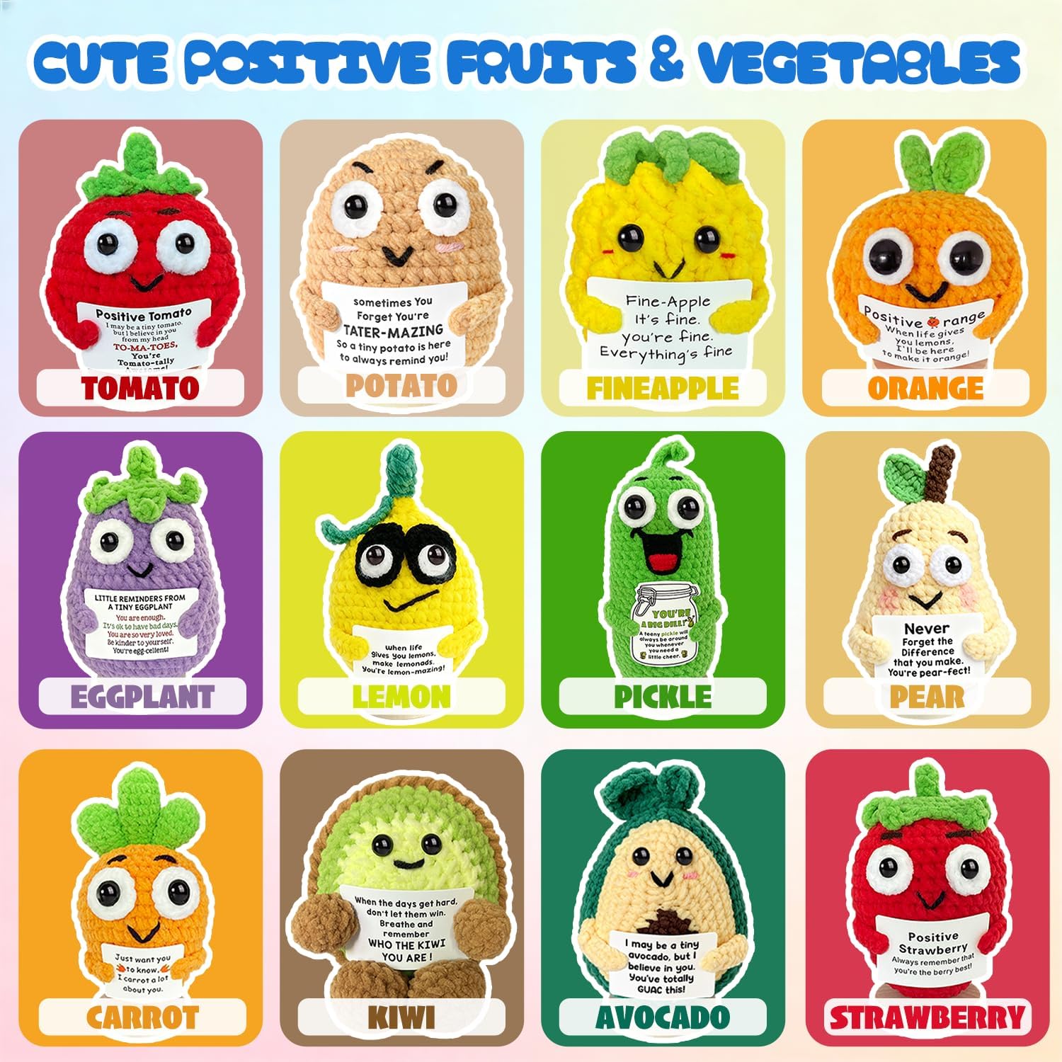 12PCS Emotional Support Crochet Vegetables Fruits Positive Animals Bulk Positive Pickle Patato Easter Basket Stuffers for Teens Encouragement Employee Gifts Office Desk Decor for Friend Coworker Adult