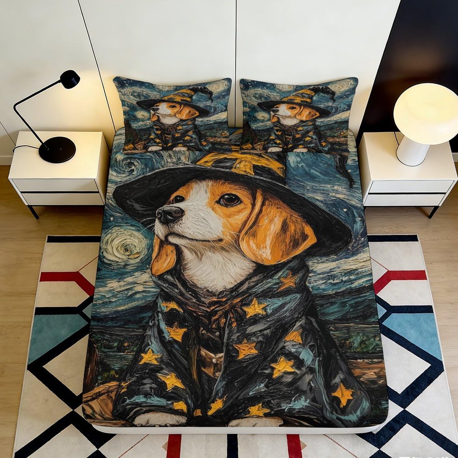3D Printed Starry Dog Fitted Sheet Microfiber Deep Pocket Bedroom Bedding Non-Slip Starry Dog Mattress Fitted Cover for Adults Teens 160x200x25cm