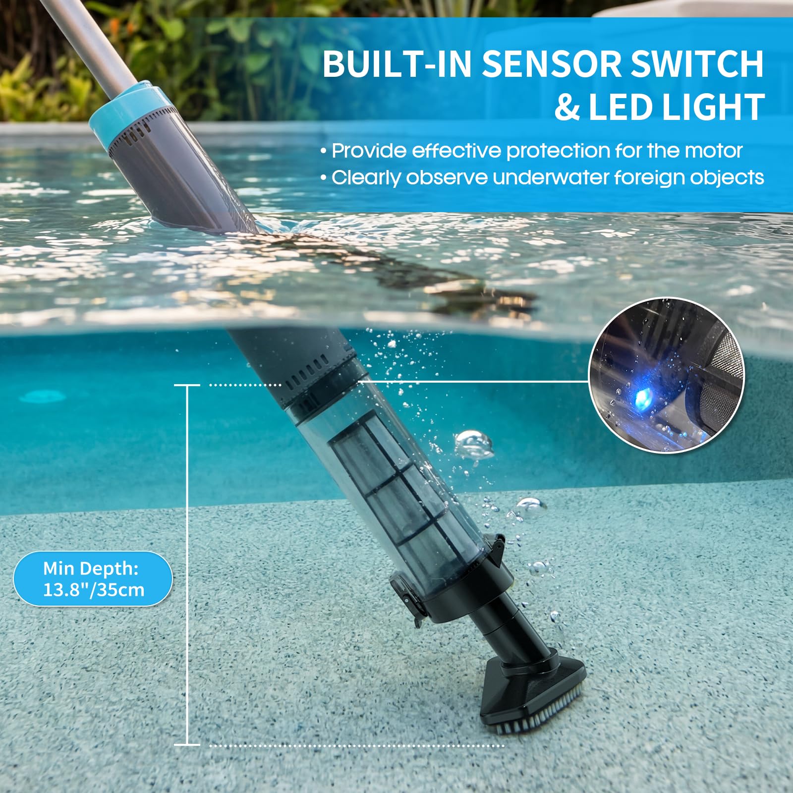 Hot Tub Hoover,3 in1 Pool Vacuum Cleaner for Above Ground Pool with 3 Brush Heads & LED Light,Cordless Pool Hoover 90Min Runtime, for Cleaning Small Debris Types — view 2