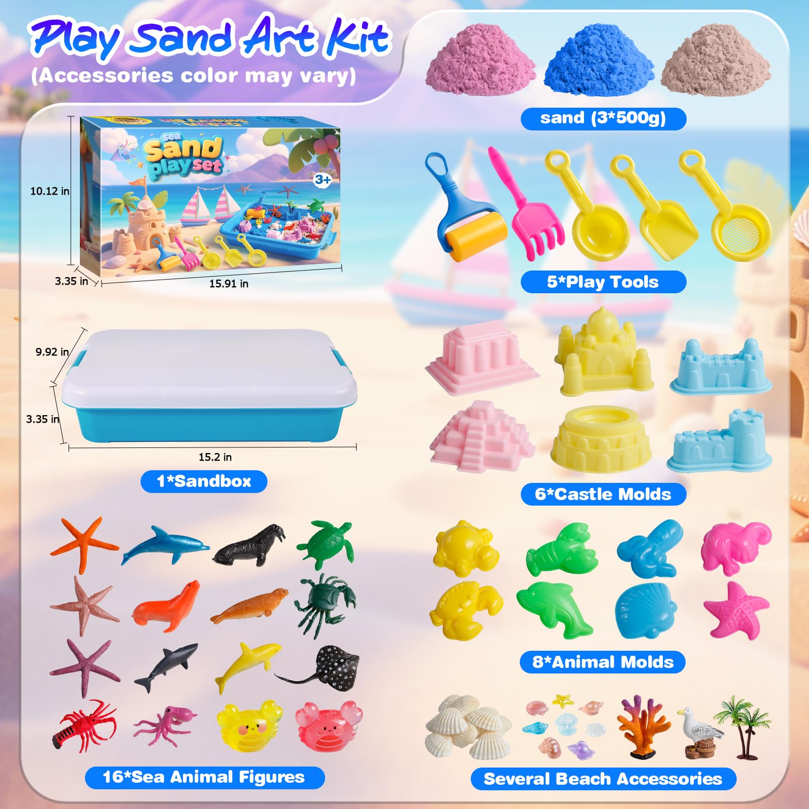 twoonto Spielsandkunst Set, Ozean Sensorikbehälter mit 1,5 kg Farbsand Sandkasten Sensorikspielzeug Meerestierformen, Burgformen für Mädchen und Jungen im Alter von 3 4 5 6 7 8 9 Jahren