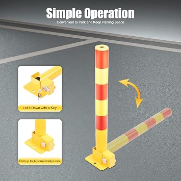 Spring Parking Post, Parking Barrier Parking Lock Folding Heavy Metal Parking Obstacle Pile with Warning Stripes, Parking Piles,Driveway Parking Interceptor Bollard (Red and Yellow)