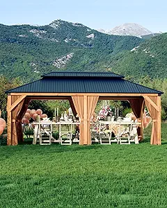 Hardtop Wood Gazebo 12'x20' for All Weather, with Double Metal Roof, Heavy Duty Wooden Frame, Net, and Curtain, Permanent Building for Patio, Deck, Backyard, Lawn, and Garden, Khaki