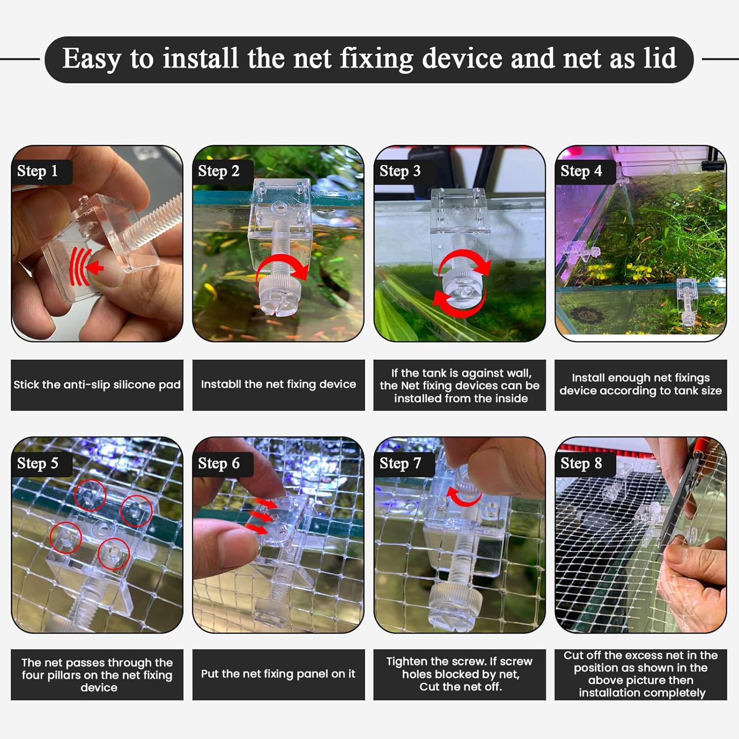 DIY Aquarium Hood 8pcs Aquarium Fish Tank Hood Screen Cover net Clip Holder and 2.15 Feet X 1.73 Feet Aquarium lid top net Kits Suitable for Rimless and rimed Tank