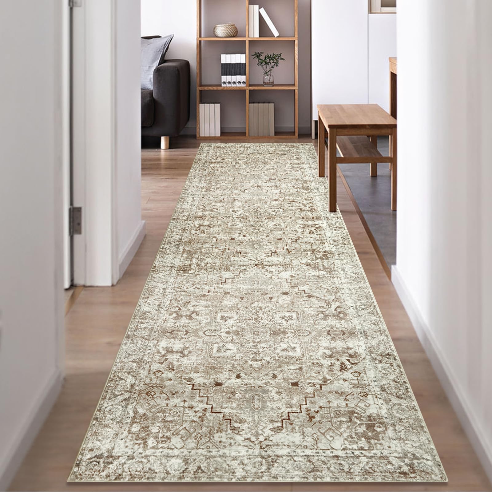 Famibay Long Hallway Runner 80x300cm, Washable Kitchen Rug, Soft Non-Slip Beige Yellow Vintage Boho Hallway Rug Runner for Bedroom, Office, Entrance Area — image 1