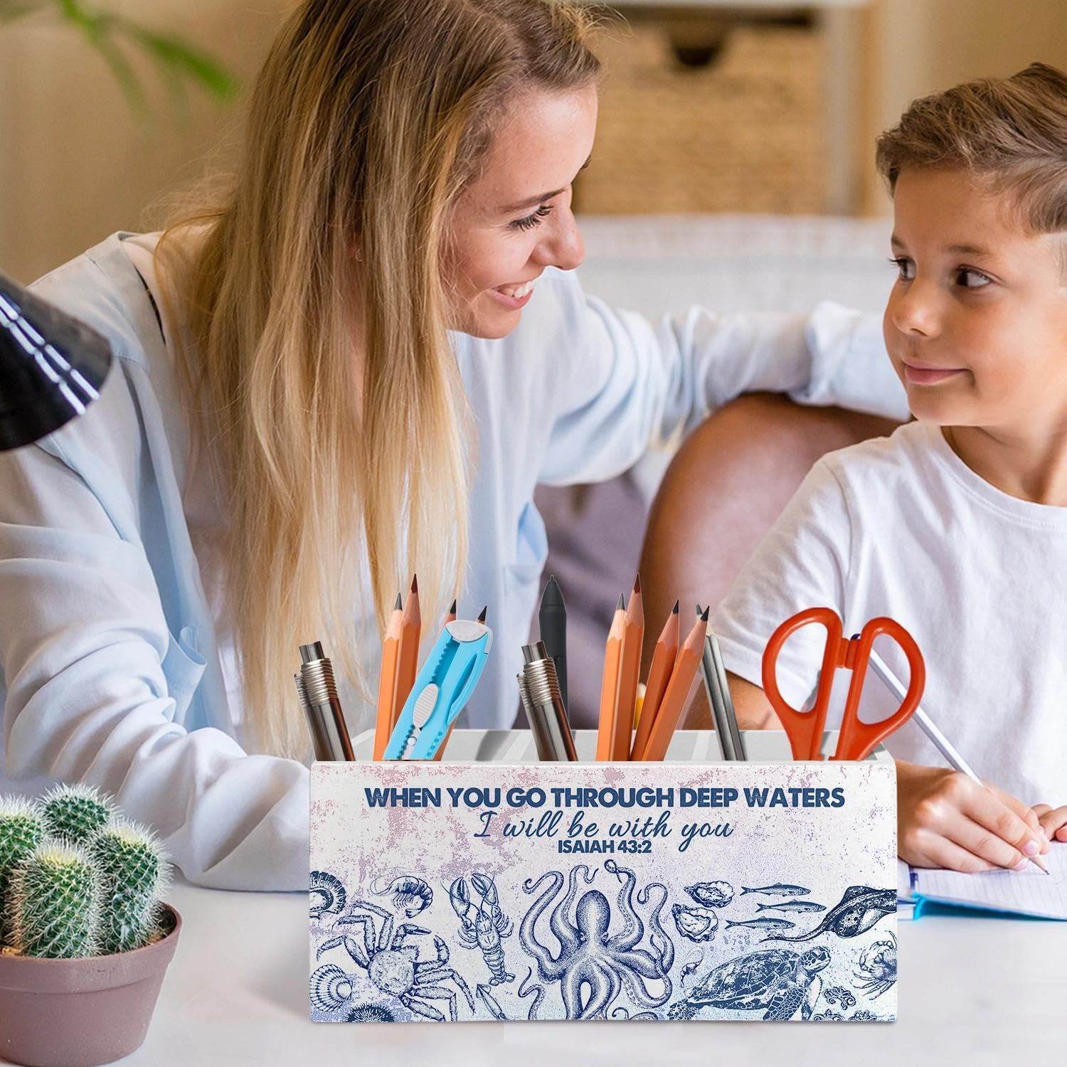 Blue Coastal Beach Christian Pen Pencil Holder Organizer for Desk Accessories, Bible Verse Ocean Marine Life Religious Wooden Box Signs Decorations for Home Bedroom Office Desk Tabletop image 3