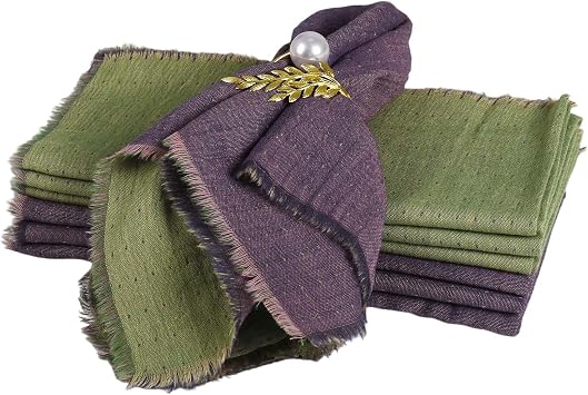Dinner Napkins 6 Pack, 17 x 17 Inch Cotton Fabric Napkins, Reusable Cloth Napkins with Fringe, Double Sided Two Tone Green & Purple Polka Dot Napkin for Banquet, Party & Home Decor