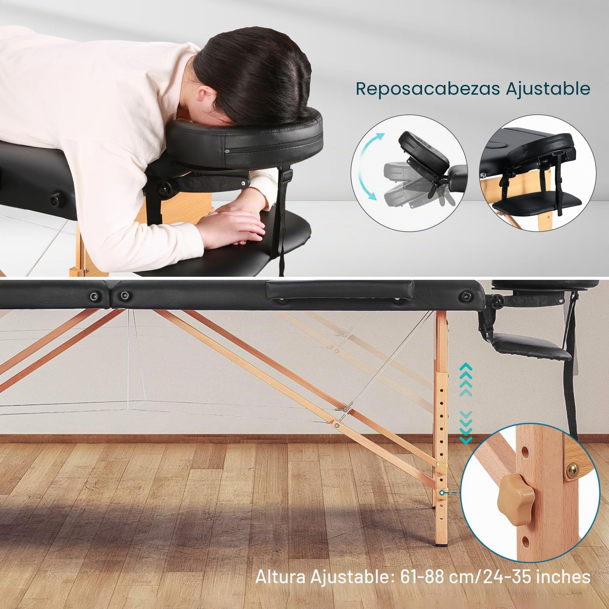 BODIOO Camilla de masaje plegable con patas de madera, 2 zonas, altura regulable, cama de masaje portátil, incluye reposacabezas y reposabrazos, soporta hasta 250 kg, color negro