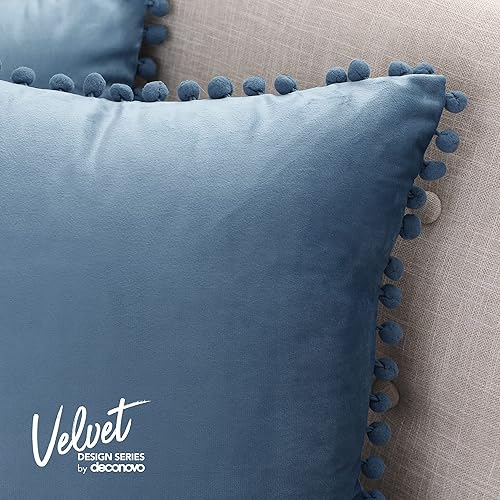 Vista 112 de Deconovo Juego de 2 fundas de almohada de terciopelo, 20 x 20 pulgadas, color verde azulado, cuadradas, con pompones, suaves, con cremallera