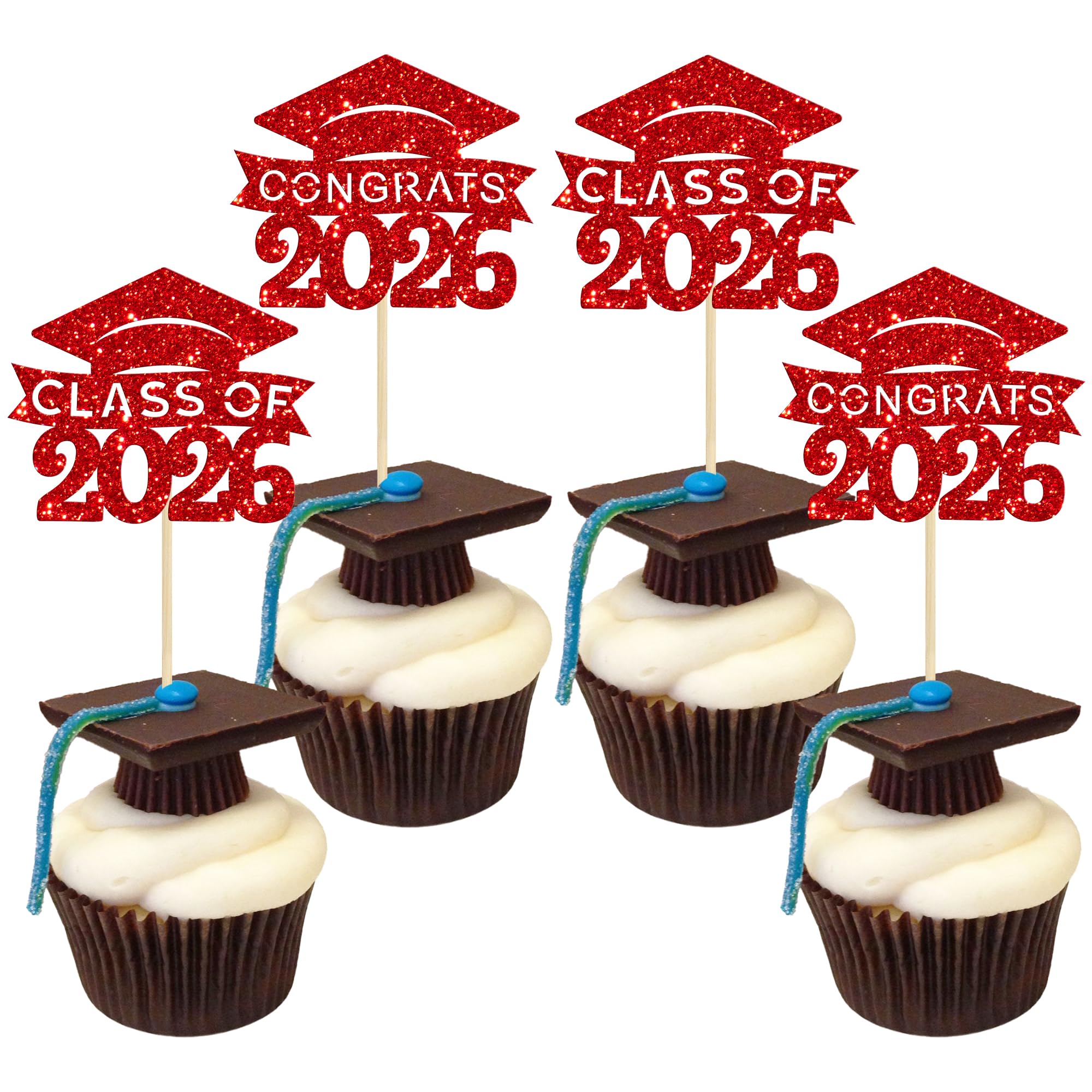 36Pcs 2026 Graduation Cap Cupcake Toppers Glitter Glitter Class of 2026 Grad Cap Cupake Picks Decorations for 2026 Grad Theme Party Supplies Red