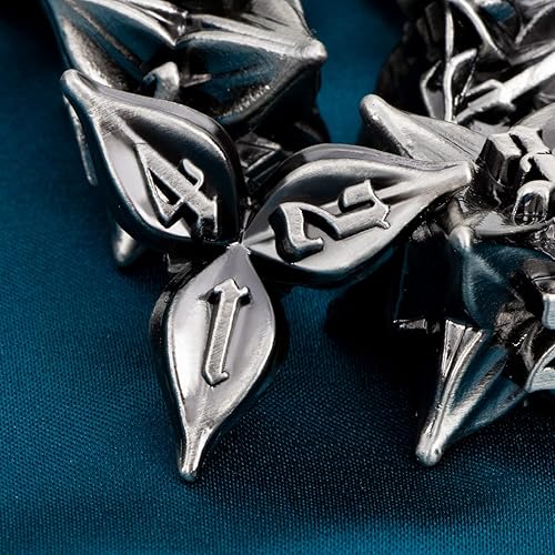 Miniatura 16 de ARUOHHA DND - Juego de dados de metal con diseño de números de hoja negra, dorados, dados poliédricos con caja, 7 dados D y D, juegos de rol D20