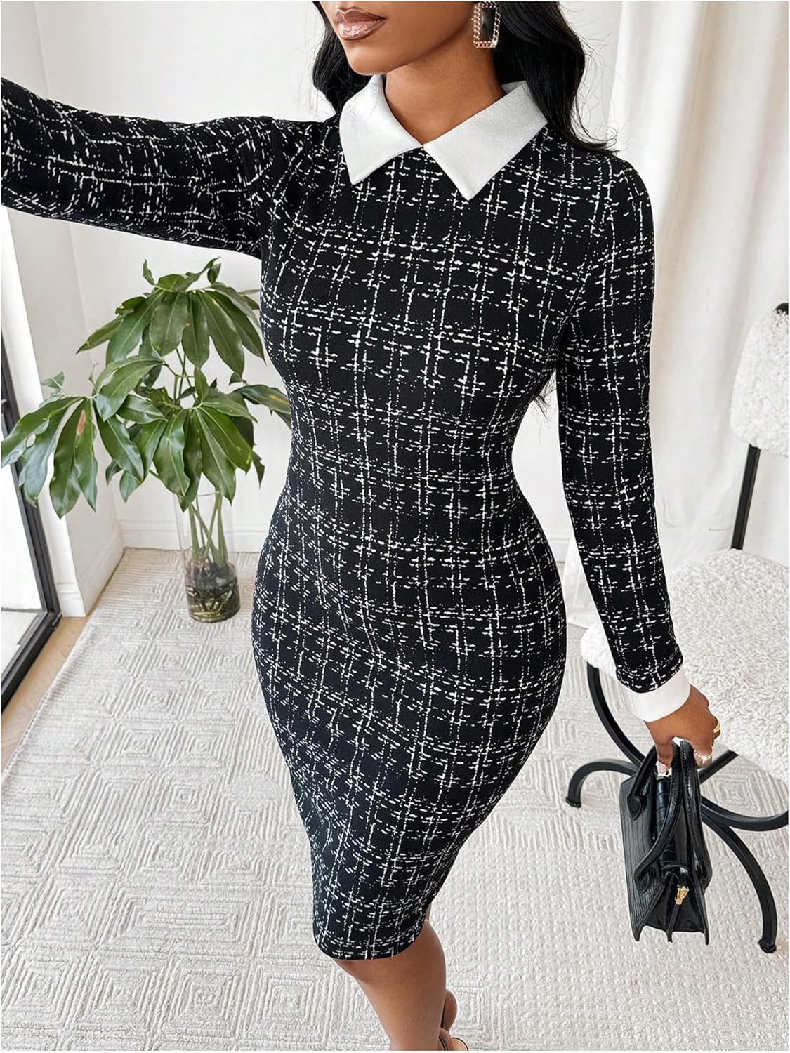 Women's Houndstooth Print Tweed Dress Elegant Long Sleeve Bodycon Business Causal Dresses