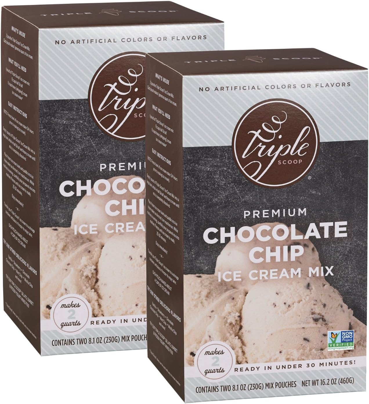Triple Scoop Ice Cream Mix, Premium Vanilla Chocolate Chip, starter for use with home ice cream maker, non-gmo, no artificial colors or flavors, ready in under 30 mins, makes 4 qts (2 15oz box)
