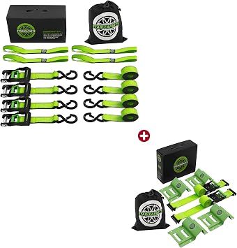 StarLeaparts Ratchet Tie Down Straps 4PK - 5,250lb with Heavy Duty Wheel Chock Tie Down Straps Set 2PK - 4,400lb Max Break Strength