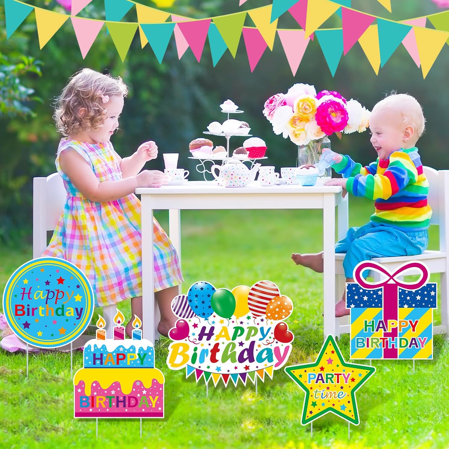 Glenmal 9 Pcs Happy Birthday Yard Signs with Stakes Birthday Lawn Signs Waterproof Outdoor Lawn Sign Balloons Cake Gift Box Outdoor Decor for Party Supplies Outdoor Garden(Colorful)