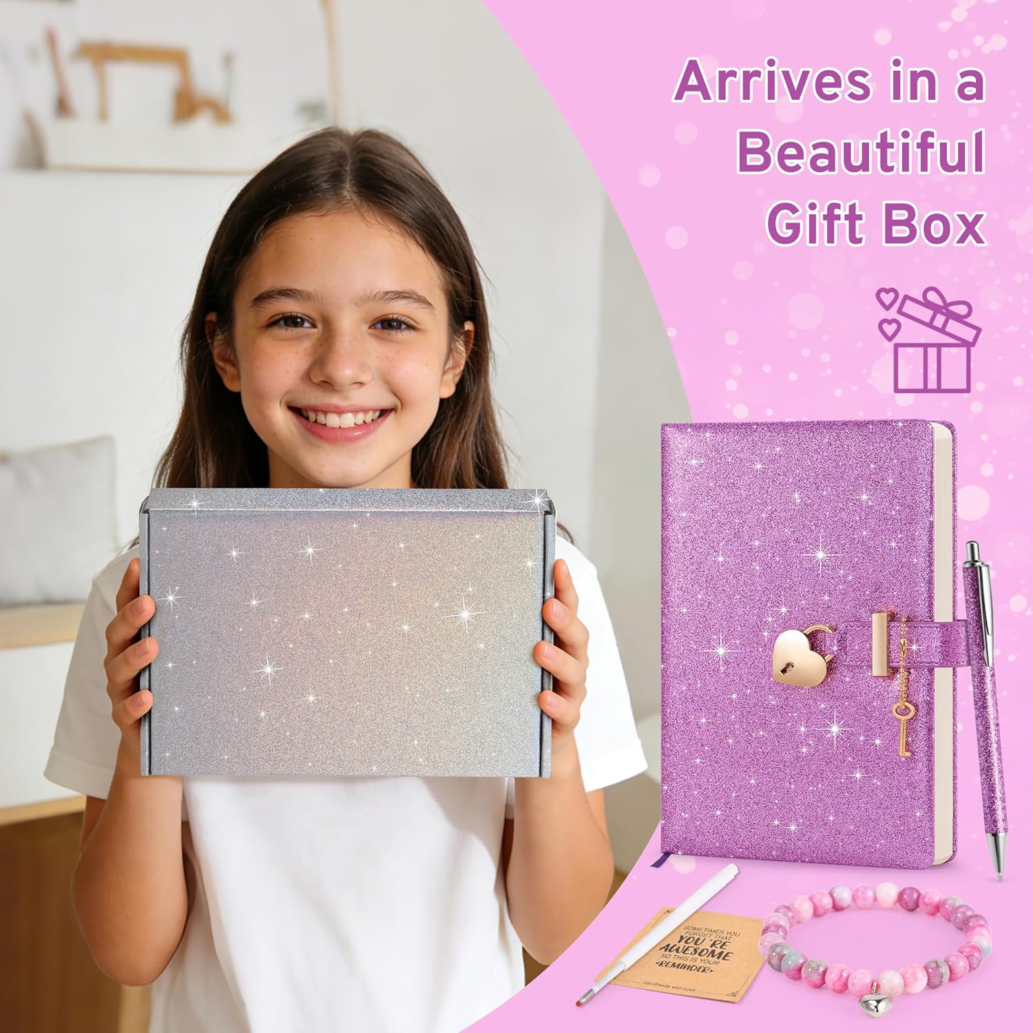 Purple Glitter Diary with Lock & Key, No-Shed Sparkle Secret Journal, Birthday Gift for Girls Ages 6-12, A5 Lined Notebook 8.4"x5.7" with Pen, Refill, Bracelet & Gift Box