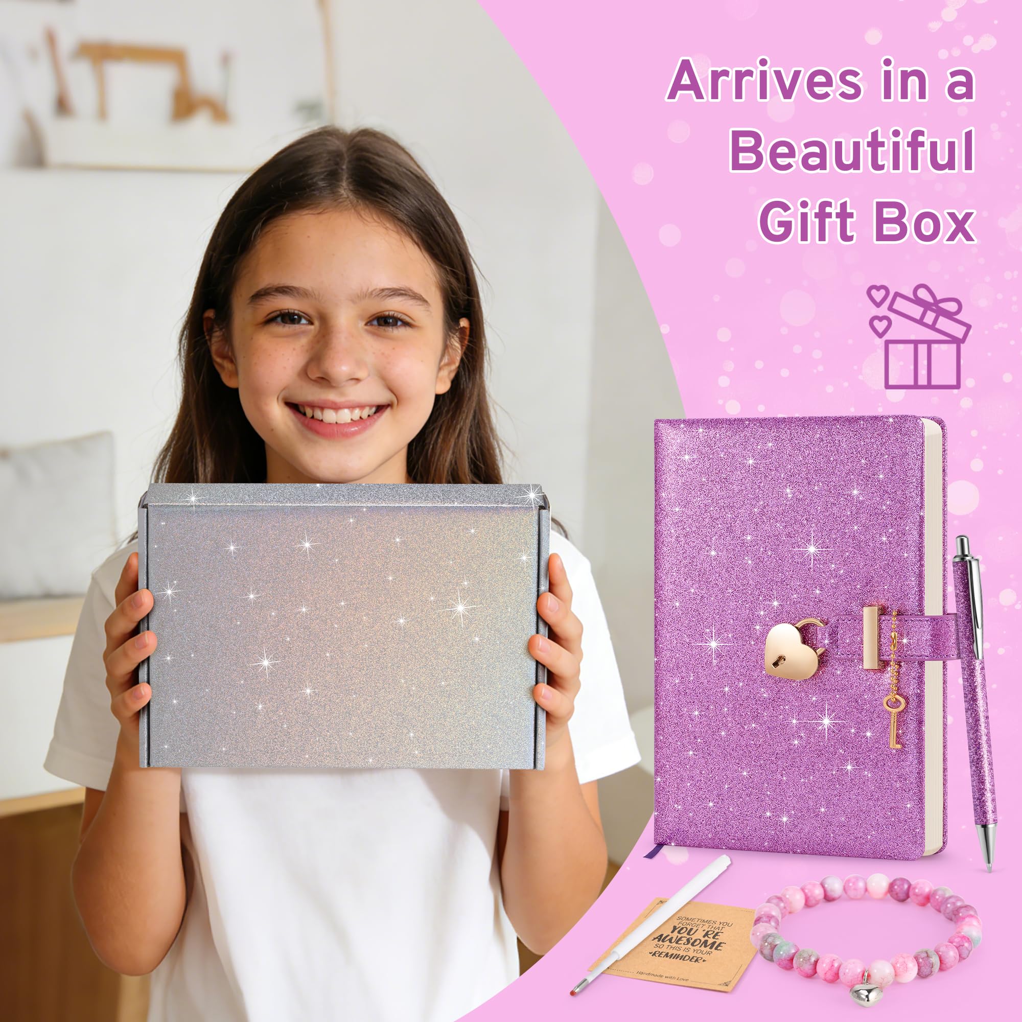Journal à paillettes avec serrure et clé, 21,3 x 14,5 cm, journal scintillant qui ne perd pas ses poils pour filles, carnet ligné A5 pour écrire, cadeau d'anniversaire pour enfants et