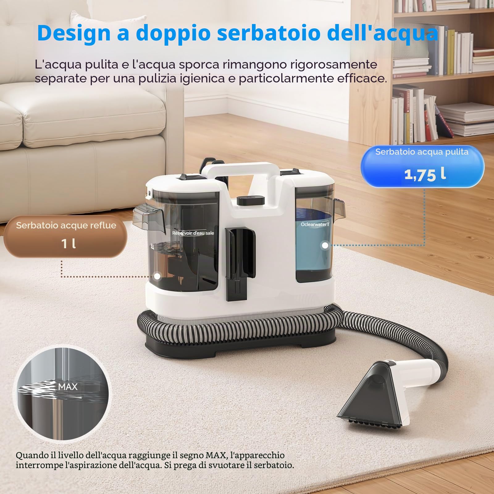 Detergente portatile per tappezzeria e pulitore macchia: 3 in 1 Spot Cleaner con funzione spray, spazzola e aspirazione per divano, tappeto, materasso e seggiolino auto, bianco (bianco)