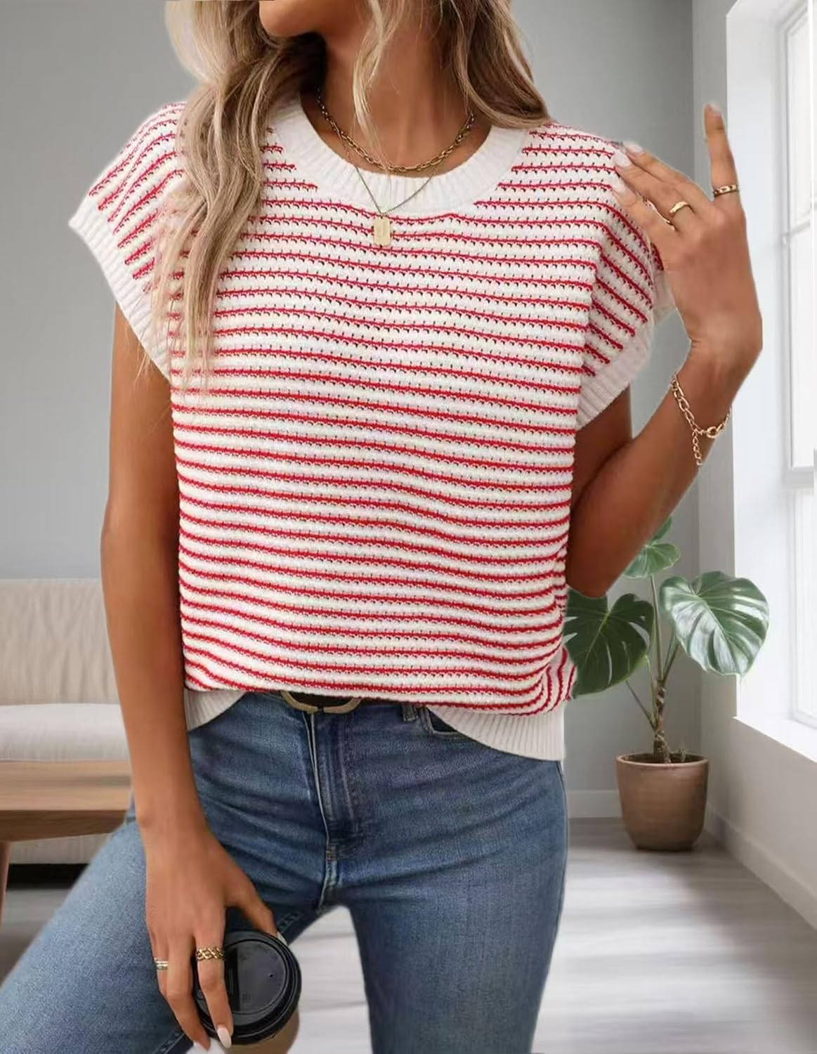 KARRESLY Women Short Sleeve Sweater Vest Color Block Crew Neck Tank Top Casual Cap Sleeve Knit Striped Pullover Outfits - Image 3