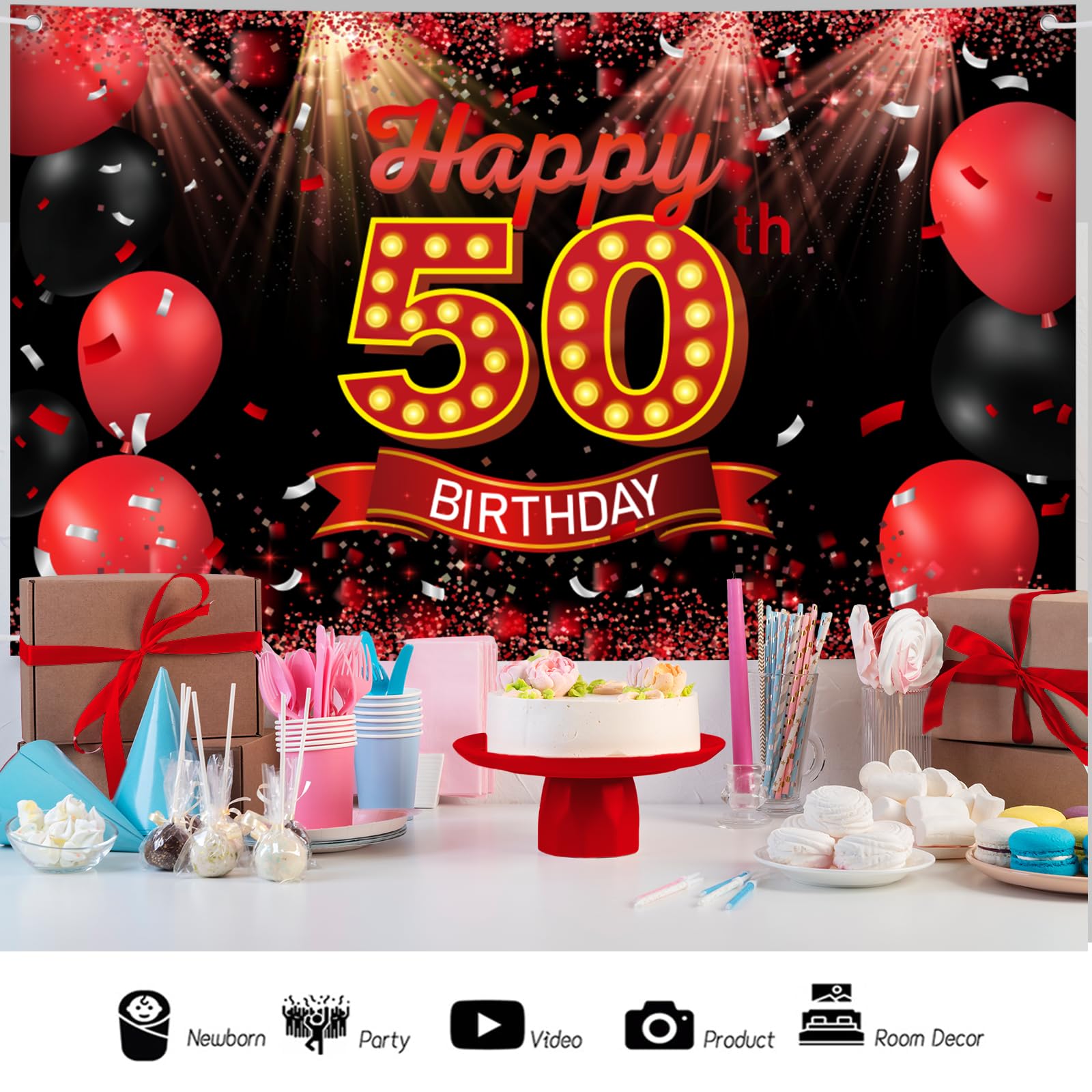 Happy 50th Birthday Banner - 71x47 Inch Red Black Backdrop Decorations