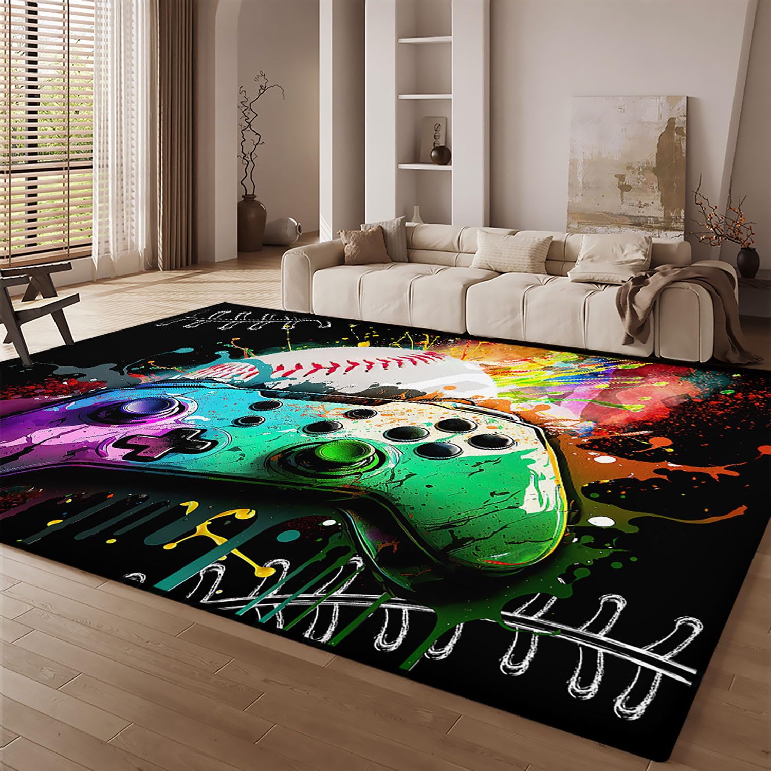 HOSIMA Teppich Mit Graffiti-Spielkonsolen-Aufdruck,Weiche,rutschfeste Unterseite,Kurze Teppiche für Küche,Terrasse,Schlafzimmer,rutschfeste Bodenmatte,Kurzflorige,Flauschige Matte(120 * 160)