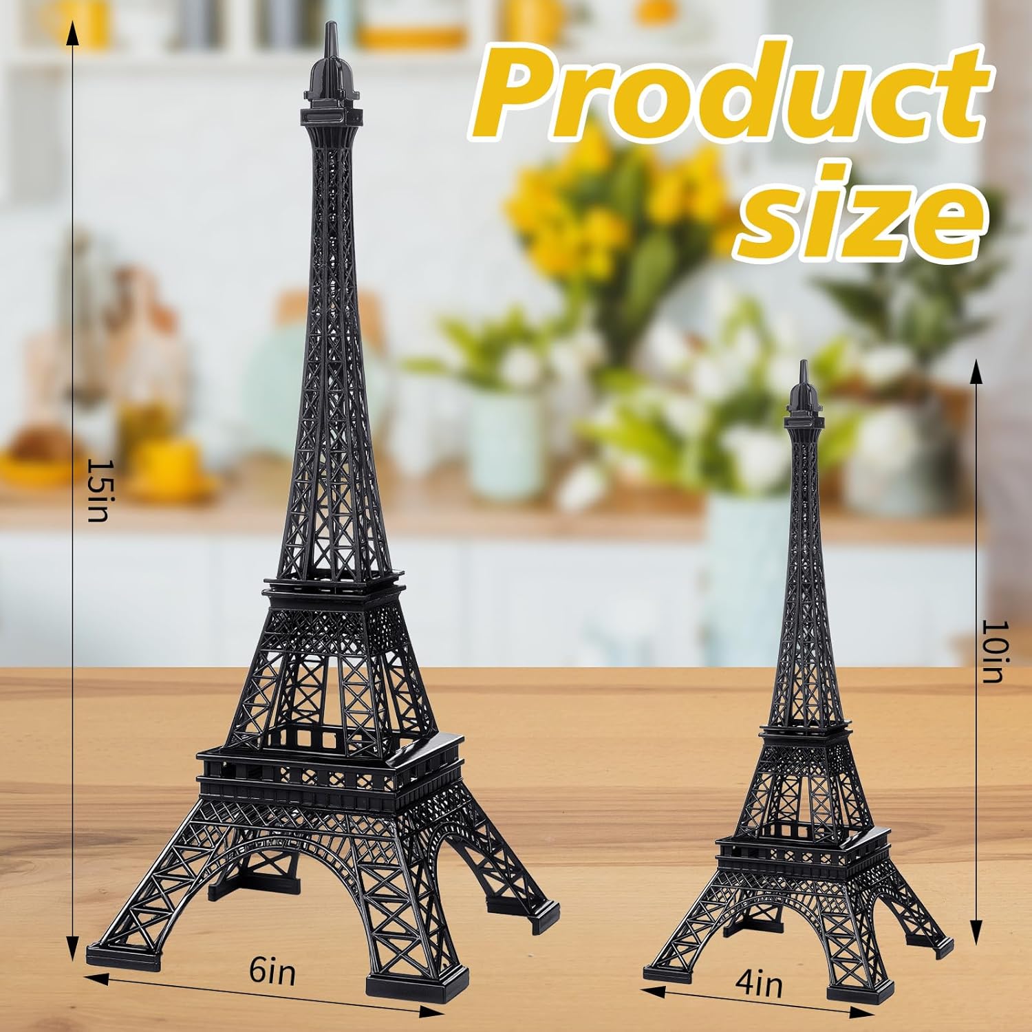 DoubleFill 2 Pcs Mother's Day Eiffel Tower Statue Metal 10 Inch, 15 Inch Eiffel Tower Model Figurine Pari Themed Decor with 2 Light Strings for Cake Topper Party Table Centerpiece Decoration(Black)