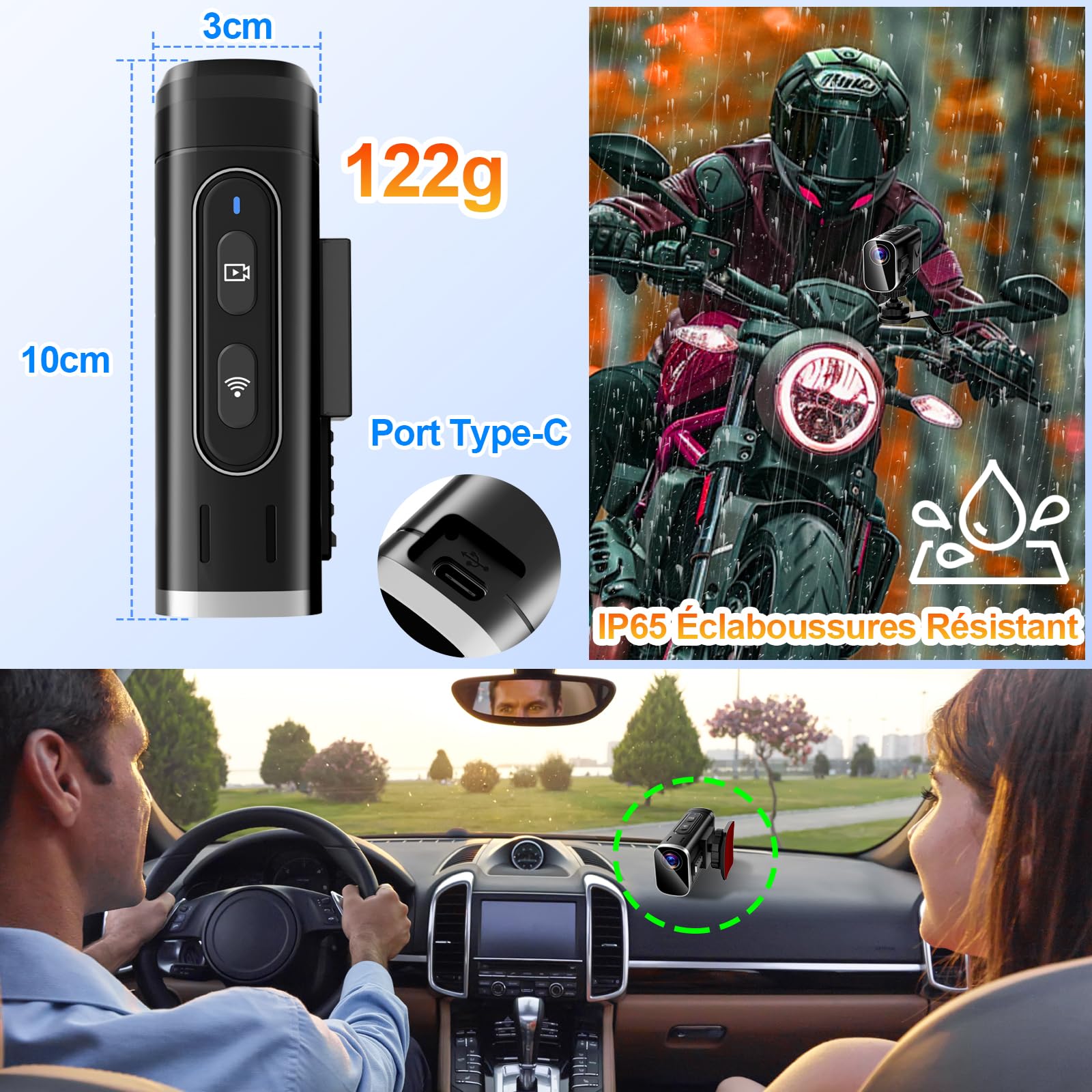 Camera Moto 4K WiFi Double Objectif, 6h avec 32GB