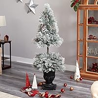 Vista 8 de Nearly Natural Árbol de Navidad artificial flocado de 5 pies con 100 luces LED y 186 ramas flexibles en urna decorativa