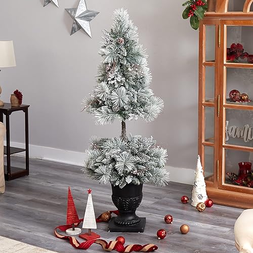 Miniatura 8 de Nearly Natural Árbol de Navidad artificial flocado de 5 pies con 100 luces LED y 186 ramas flexibles en urna decorativa