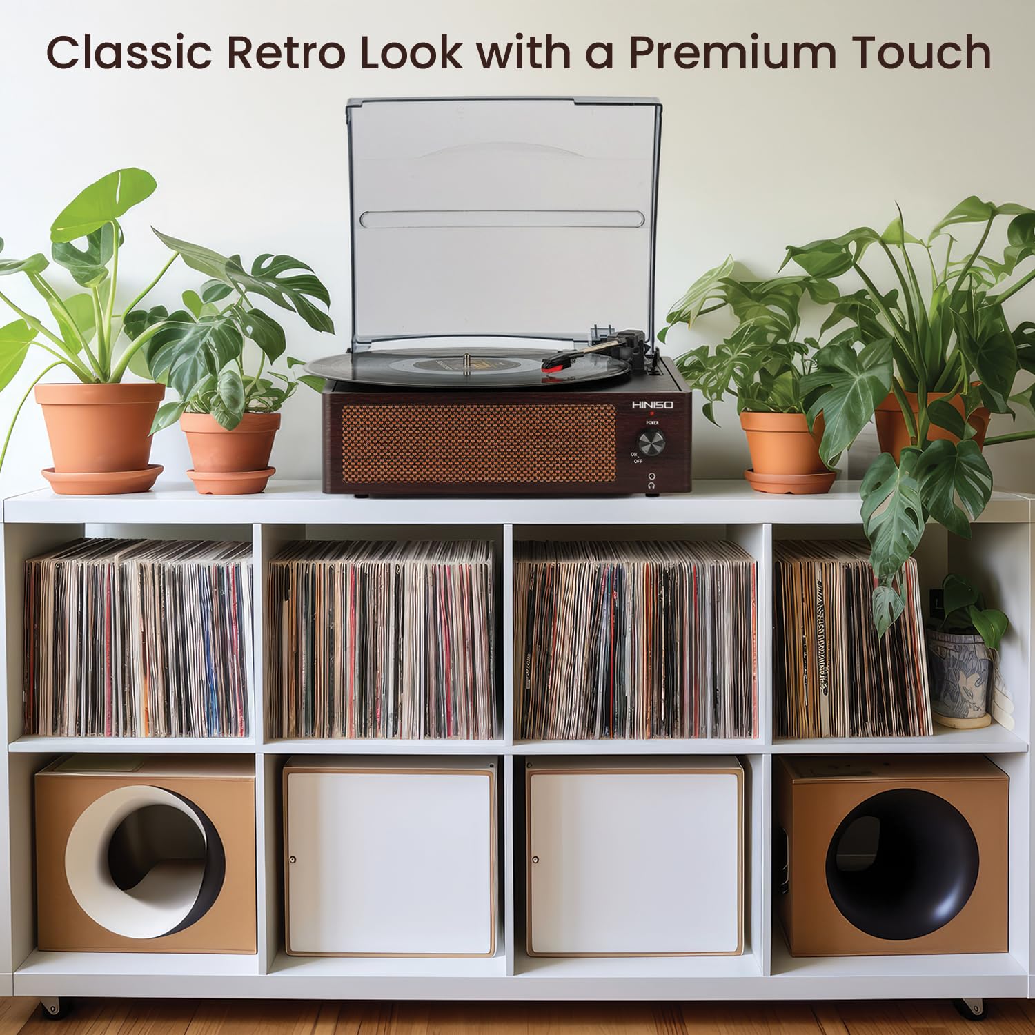HINISO Bluetooth Vinyl Record Player T516 with Bluetooth Input & Output | 3-Speed Turntable (33/45/78 RPM) | Built-in Speakers | RCA, AUX, Headphone Jack | Vintage Wooden Finish with Dust Cover — Amazon image 8