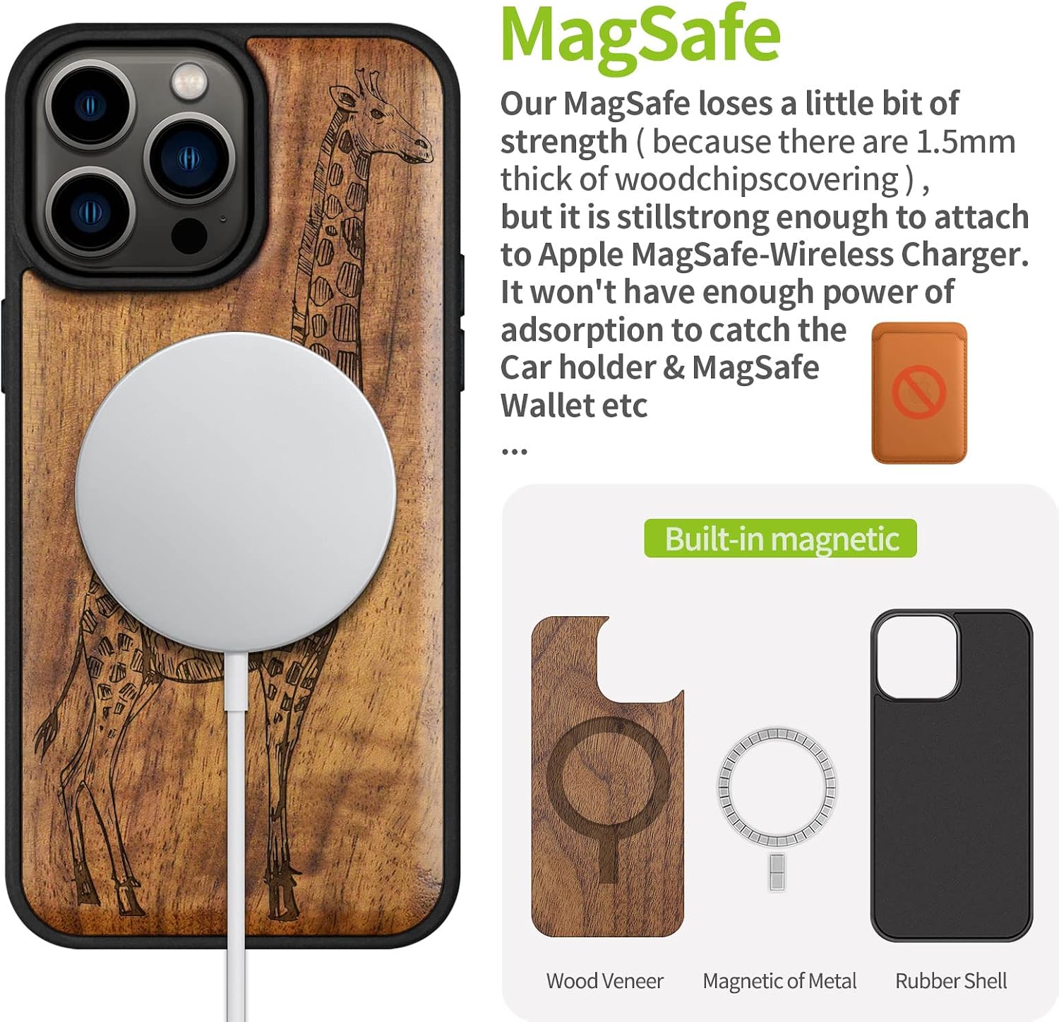 Carveit Magnetic Wood Case for iPhone 14 Pro Max [Natural Wood & Black Soft TPU] Unique & Classy Wooden Shockproof Protective Cover Compatible with magsafe (Giraffe Carving -Walnut)
