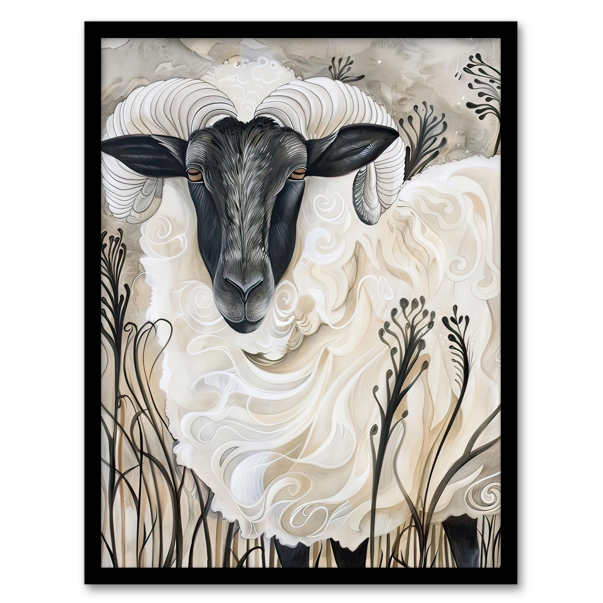 Artery8 Stylised Ram Sheep Animal Portrait Painting Living Room Artwork Framed Wall Art Print 18X24 Inch